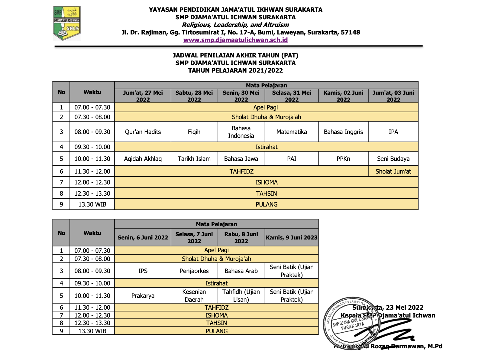 PENILAIAN AKHIR SEMESTER 2 TAHUN AJARAN 2021/2022 | SMP Djama'atul Ichwan